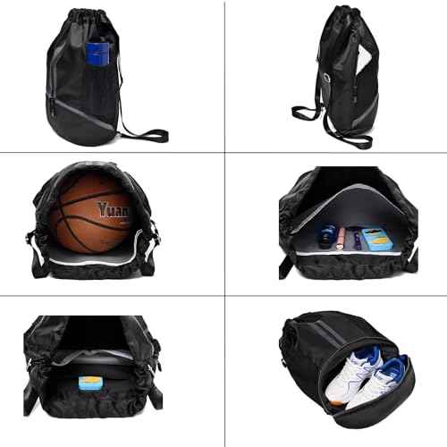 Black Drawstring Gym Bag for Men, Waterproof Drawstring Backpack for Women, Swim Bag with Shoes Compartment, Pull String Sport Bag for Soccer and Basketball.