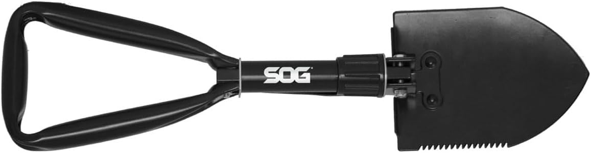 SOG Entrenching Tool- 18.25 Inch Folding Survival Shovel with Wood Saw Edge and Tactical Shovel Carry Case- Black (F08-N)
