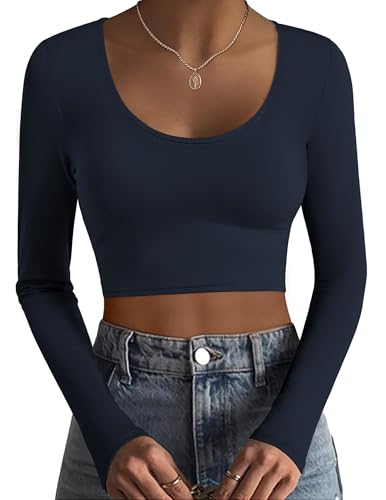 Ekouaer Long Sleeve Crop Top for Women - Scoop Neck Workout Undershirt, Small / Navy Blue
