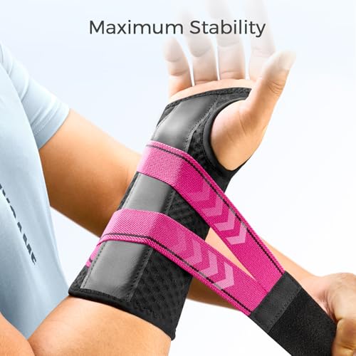 FREETOO Carpal Tunnel Wrist Brace Night Support Fit Right Hand for Work, Pain Relief Wrist Splint for Tendonitis, Sprain, Strain, Rigid Hand Brace for Arthritis for Women and Men (S/M, Black/Pink)