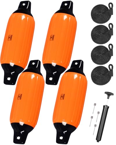 Inflatable Boat Fenders 4 Pack with Ropes - Black & Orange, 4.6 x 16 Inches
