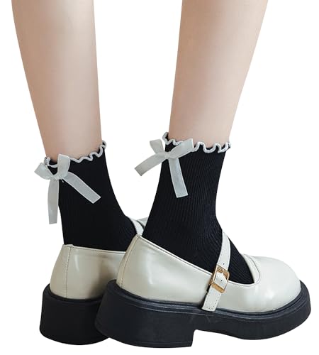 Women's Bow Socks Ruffle Crew Socks - Black & White, 4 Pairs, One Size