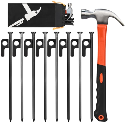 8 Pack 8in Heavy Duty Forged Steel Tent Stakes and Hammer Set, with Storage Pouch, Available in Rocky Place