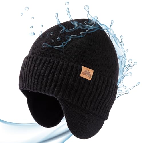 TOP-EX DryKnit¢â Unisex 80% Merino Wool Waterproof Beanie with Ear Flap Warm Winter Fleece Lined Beanie Hat M/L/XL
