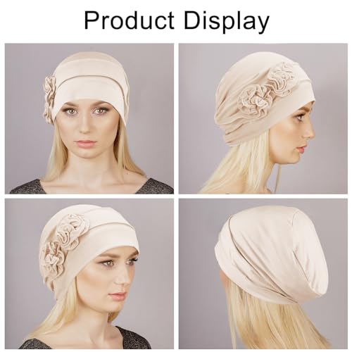 Chemo Headwear for Women - 4-Pack Elastic Turban Caps with Flower Design
