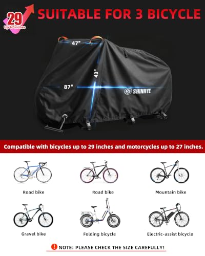 Black XXL Waterproof Bike Cover for 3 Bikes - Heavy Duty Tarp for Mountain Road Electric Bikes with Storage Bag