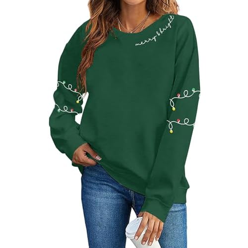 Christmas Sweatshirt for Women Christmas Light Sweatshirts Merry And Bright Xmas Long Sleeve Shirts Crewneck Pullover Tops