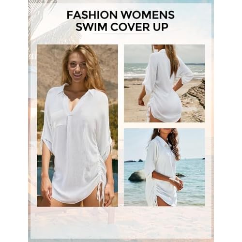 Swimsuit Coverup for Women, Drawstring Beach Bathing Suit Bikini Cover Up for Women, Sexy V Neck Beachwear Dress