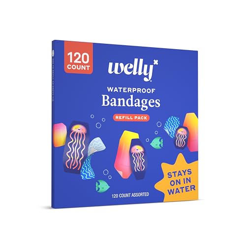 Welly Bandage Waterproof Refill Pack | Adhesive Waterproof Bandages | Assorted Shapes and Patterns for Minor Cuts, Scrapes, and Wounds - 120 Count