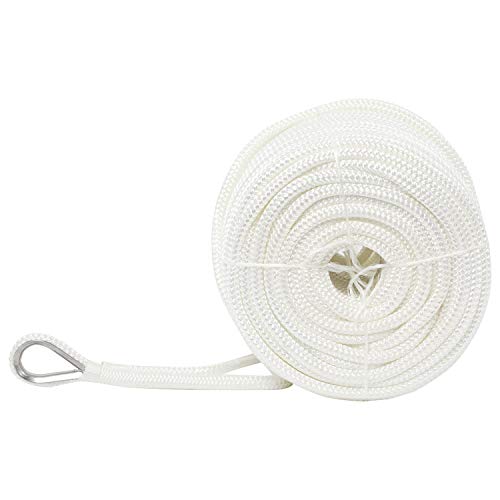 NovelBee 3/8" x 200' Nylon Anchor Rope - White Double Braid Marine Line with Stainless Steel Thimble