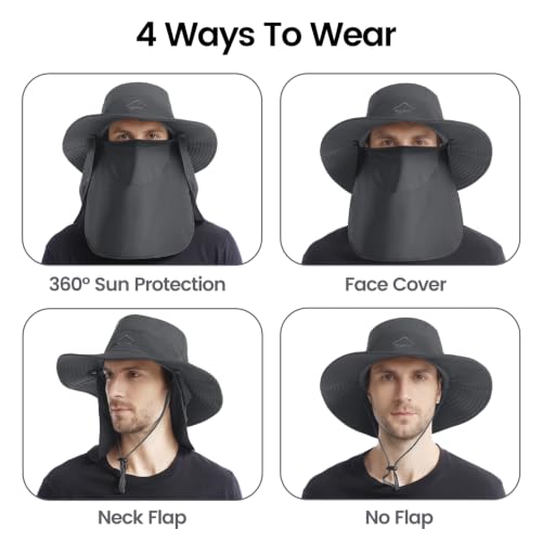 Dark Grey Waterproof Sun Hat with UPF 50+ Face Cover & Neck Flap - Men Women Bucket Hat