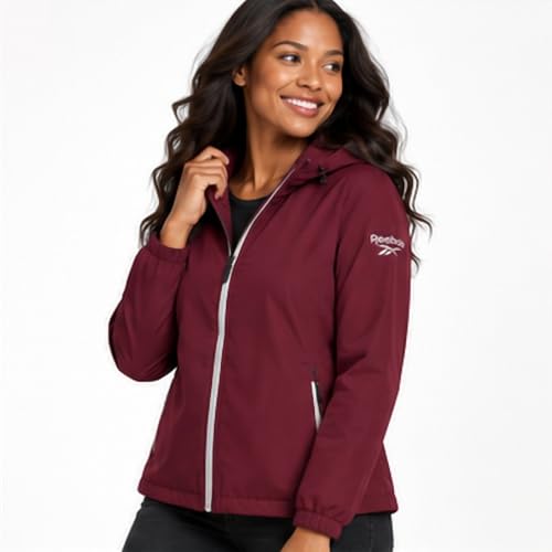 Reebok Women's Waterproof Rain Jacket with Hood - Lightweight Windbreaker, Medium / Maroon