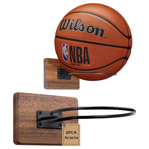 Basketball Holder Wall Mount, Solid Wood Ball Holder for Storage Soccer Volleyball Football Autograph Ball Metal, Basketball Rack Display for Boys Sports Accessories Organizer & Wall Decor