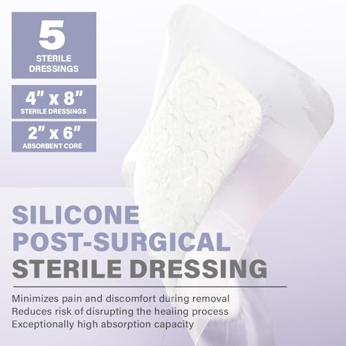 Everlit Post-Surgical Waterproof Adhesive Dressing 4x8 Inches - Hypoallergenic Silicone Bandage Pack of 5
