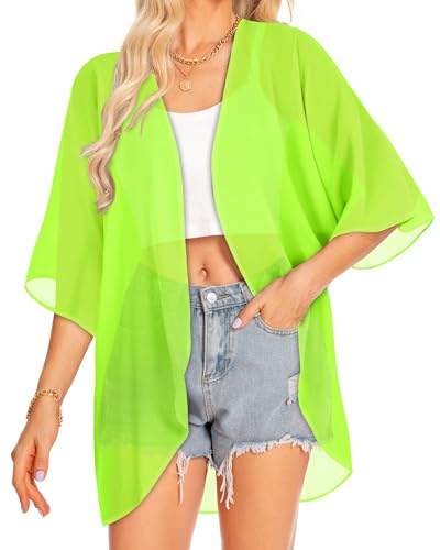 Women Kimono Cardigans Summer Cover Up Floral Print Tops Large Neon Green