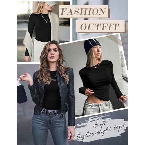 Ekouaer Women Long Sleeve Shirts Ruch Side Thermal Tops Crew Neck Layering Undershirts Stretchy Slim Fit Basic Tees