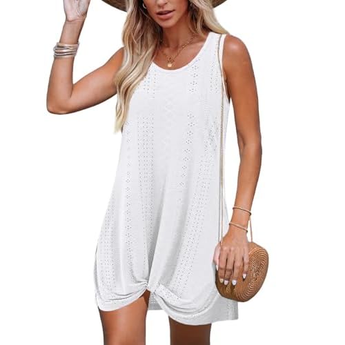 Swimsuit Coverup Summer Dresses for Women 2025 Eyelet Crew Neck Loose Sleeveless Sundresses Twisted Dresses