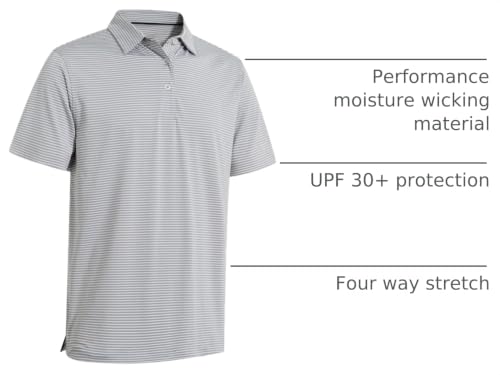 Men's Short Sleeve Striped Golf Polo Shirt - Moisture-Wicking, Dry Fit, Large Grey White Stripe