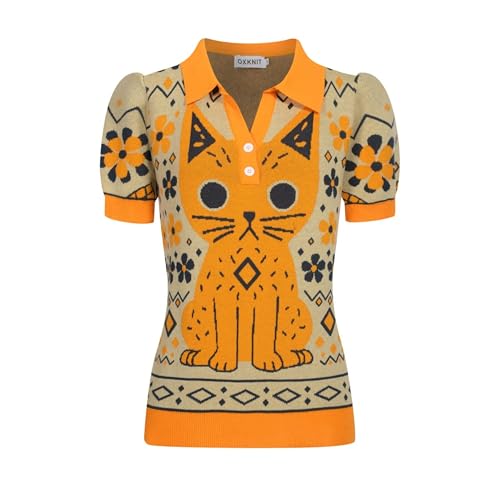 OXKNIT Women's Vintage Cat Pattern Knit Polo Shirt - Orange XXL Short Sleeve