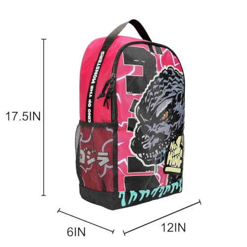Godzilla Pink Backpack with Laptop Sleeve - Large Graphic Design - 17.5 Inch Bookbag - Pink & Black