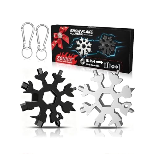 Christmas Gifts for Men 2025 - Stocking Stuffers for Him,18-in-1 Snowflake Multi Tool 2 Pack,Stainless Steel Multitool with Carabiner & Bottle Opener,Holiday Gift for Dad,Husband,Brother(Silver+Black)