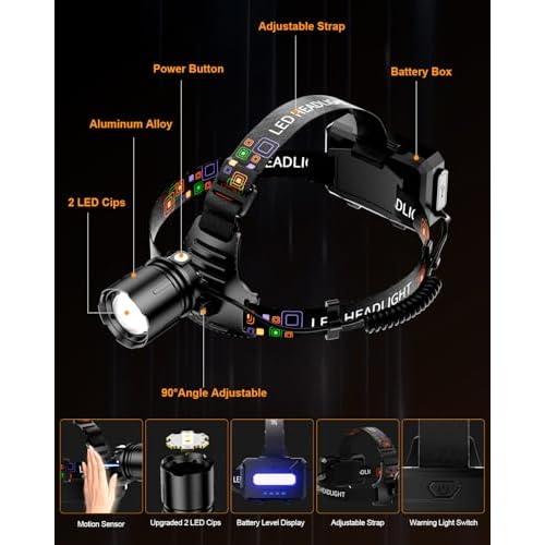 SKYFIRE Rechargeable Headlamp High Lumens, 7500mAh Motion Sensor LED Head Lights for Forehead with Zoomable, 13 Modes, 90¡Æ Adjustable Headlamps, Waterproof Head Lamp for Adults, Hunting, Fishing