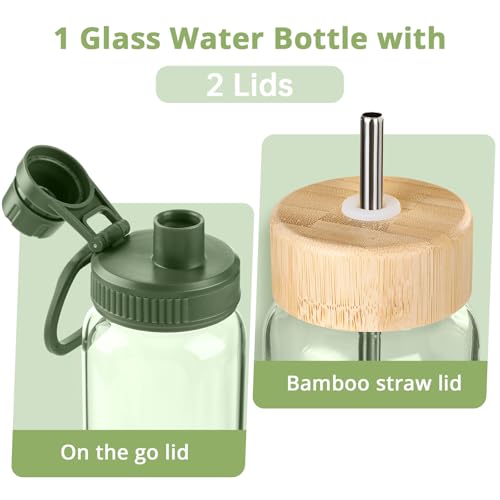 Military Green Borosilicate Glass Water Bottle 32 oz with 2 Lids & Straw