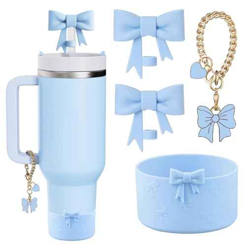 Stanley Cup Accessories Set,2Pcs Bow Straw Cover Caps Straw Toppers,1Pcs Cute Bow and Heart Handle Charm and 1Pcs Bow Silicone Boot for Stanley 30&40oz Tumbler (Blue)