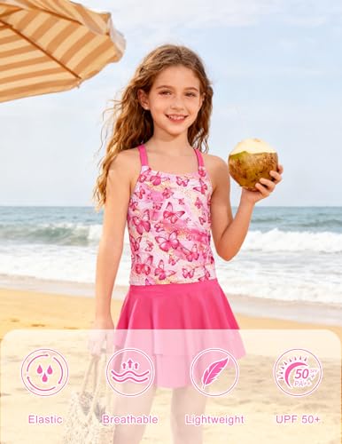 Girls Tankini Swimsuit Two-Piece Bathing Suit with Shorts 7-12Y - Butterflies, Size 9-10 Years