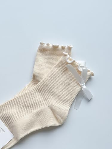 Women's Bow Socks Ruffle Crew Socks - Black & White, 4 Pairs, One Size