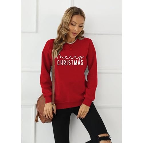 Christmas Sweatshirts For Women Xmas Sweater Merry Christmas Letter Printed Sweatshirt Holiday Long Sleeve Tops