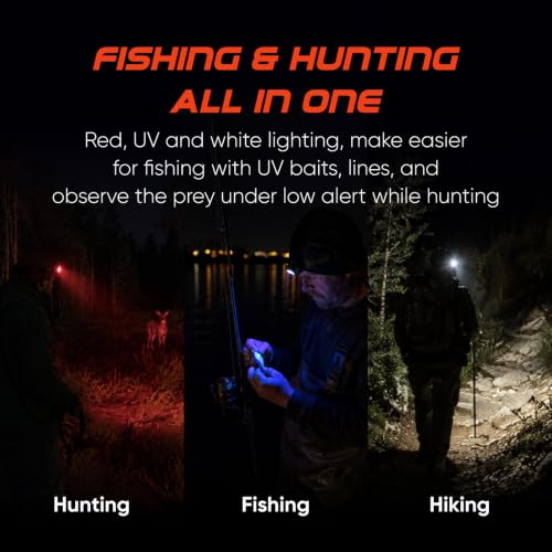 Rechargeable LED Headlamp 740 Lumens with UV & Red Light, Waterproof Hard Hat Light for Hunting Camping Fishing