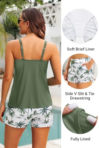 Women’s Two Piece Tankini Swimsuit with Tummy Control and Shorts - Green Leaves, Large
