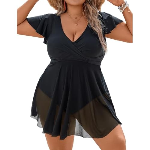 BMJL Women's Plus Size Swimsuit One Piece Tummy Control Bathing Suit Ruffle Sleeve Swim Dress