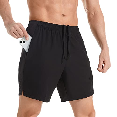 Men's 7 Inch Lightweight Quick Dry Athletic Running Shorts with Zipper Pockets - Medium Black