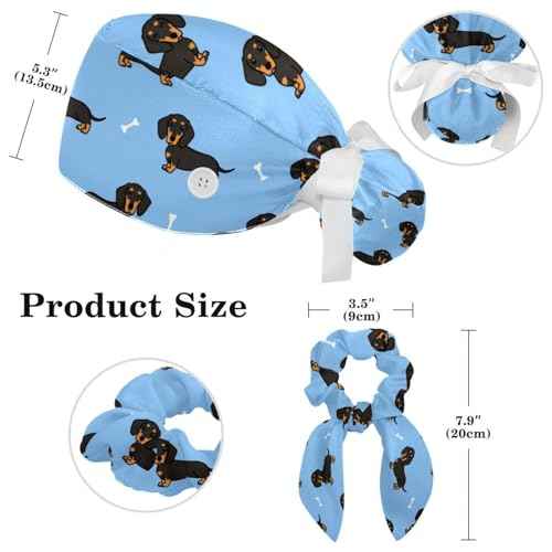 Animals Dogs Working Cap with Buttons, Adjustable Surgical Scrub Cap with Bow Hair Scrunchy