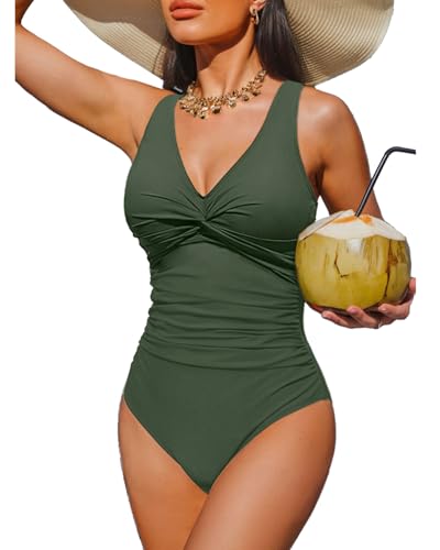 Women's X-Large Tummy Control One Piece Swimsuit with Push-Up and Full Coverage - Army Green