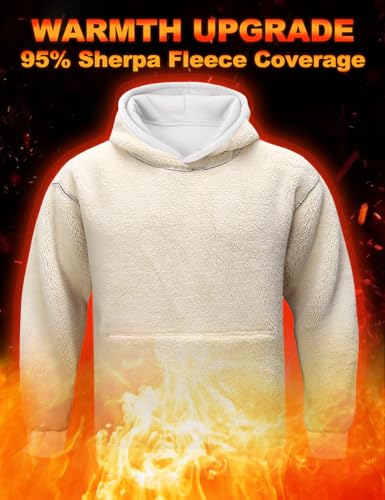 Flygo Men's Casual Fleece Sherpa Lined Hoodie Winter Warm Pullover Hooded Sweatshirt - White, XX-Large