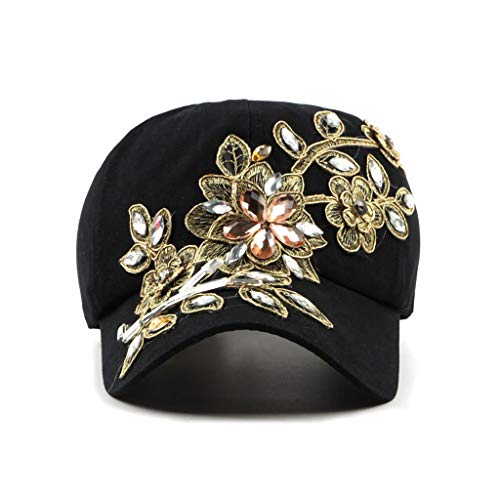 Women’s Rhinestone Baseball Cap Sun Hat with Flower Embellishments - Adjustable Denim, Black, 6 3/4-7 1/2