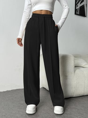 PINSPARK Wide Leg High Waisted Baggy Sweatpants for Women - Medium Petite, Black