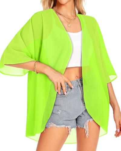 Women Kimono Cardigans Summer Cover Up Floral Print Tops Large Neon Green