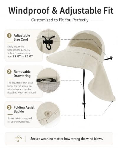 Sun Hat UPF50+ Wide Brim Bucket Hat Outdoor for Hiking Garden - One Size Beige