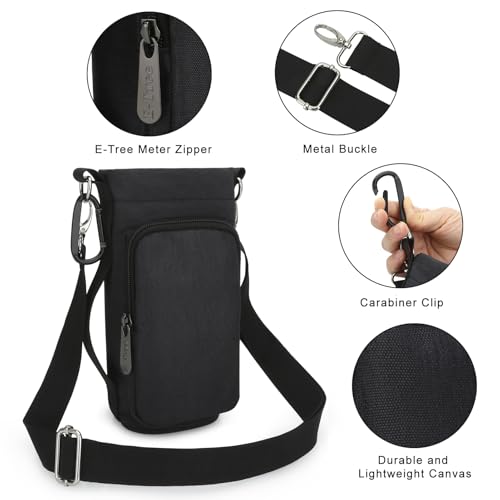 Water Bottle Carrier Bag, Small Canvas Crossbody Purse Portable Water Bottle Sling Holder Case with Adjustable Shoulder Strap and Phone Pocket Pouch for Men Women Hiking, Black