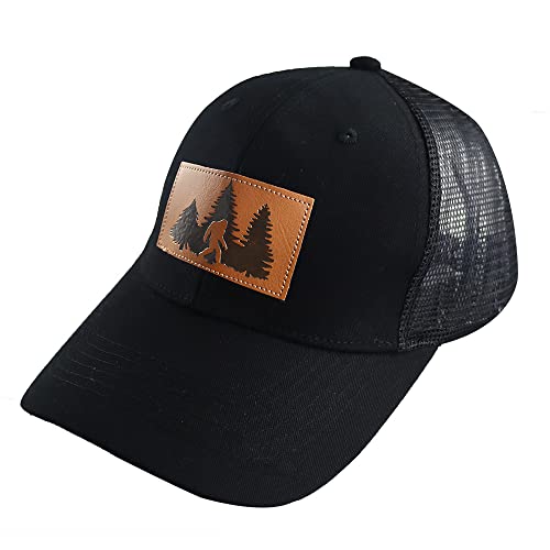 Bigfoot Leather Trucker Hat - Embroidered Adjustable Mesh Cap Black One Size
