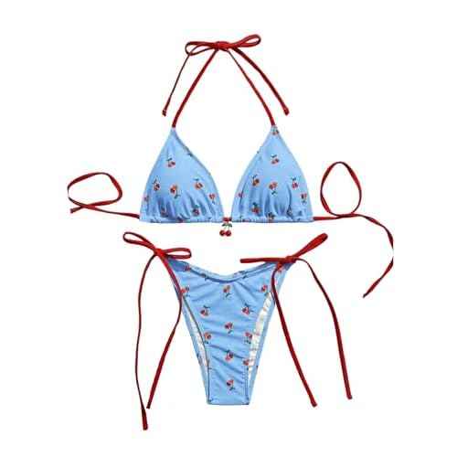 WDIRARA Women's 2 Piece Swimsuit Cherry Print Bikini Set Halter Triangle Bikini Side Tie String Bathing Suits