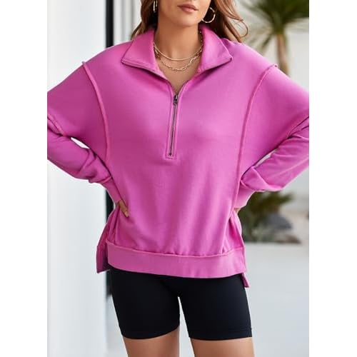 BLENCOT Womens Oversized Sweatshirt Half Zip Fleece Pullover Long Sleeve Fall Side Slit Tops