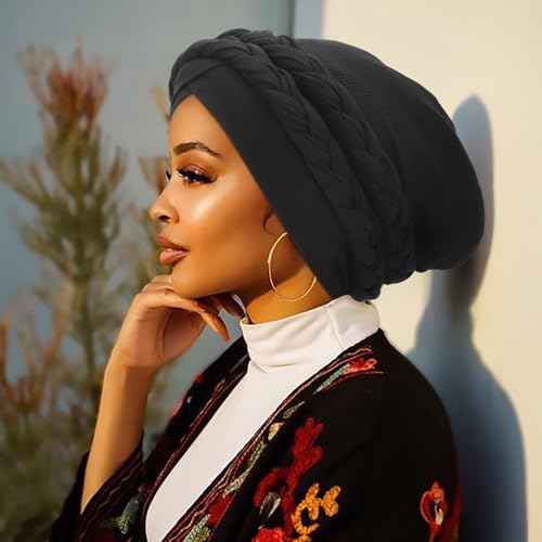 DRESHOW Turban Pre-Tied Twisted Braid Hair Cover Wrap Hat African Beanie Headwraps for Black Women Chemo Cancer Cap