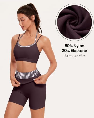 OMKAGI Workout Sets for Women Gingham Chocolate Cherry 4.5 Inch Shorts & Sports Bra