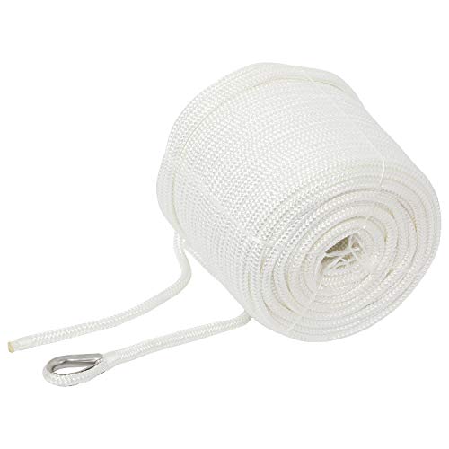 NovelBee 3/8" x 200' Nylon Anchor Rope - White Double Braid Marine Line with Stainless Steel Thimble