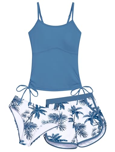 Girls Tankini Swimsuit 3-Piece Swimwear with Pockets - Blue Coconut, Age 13-14